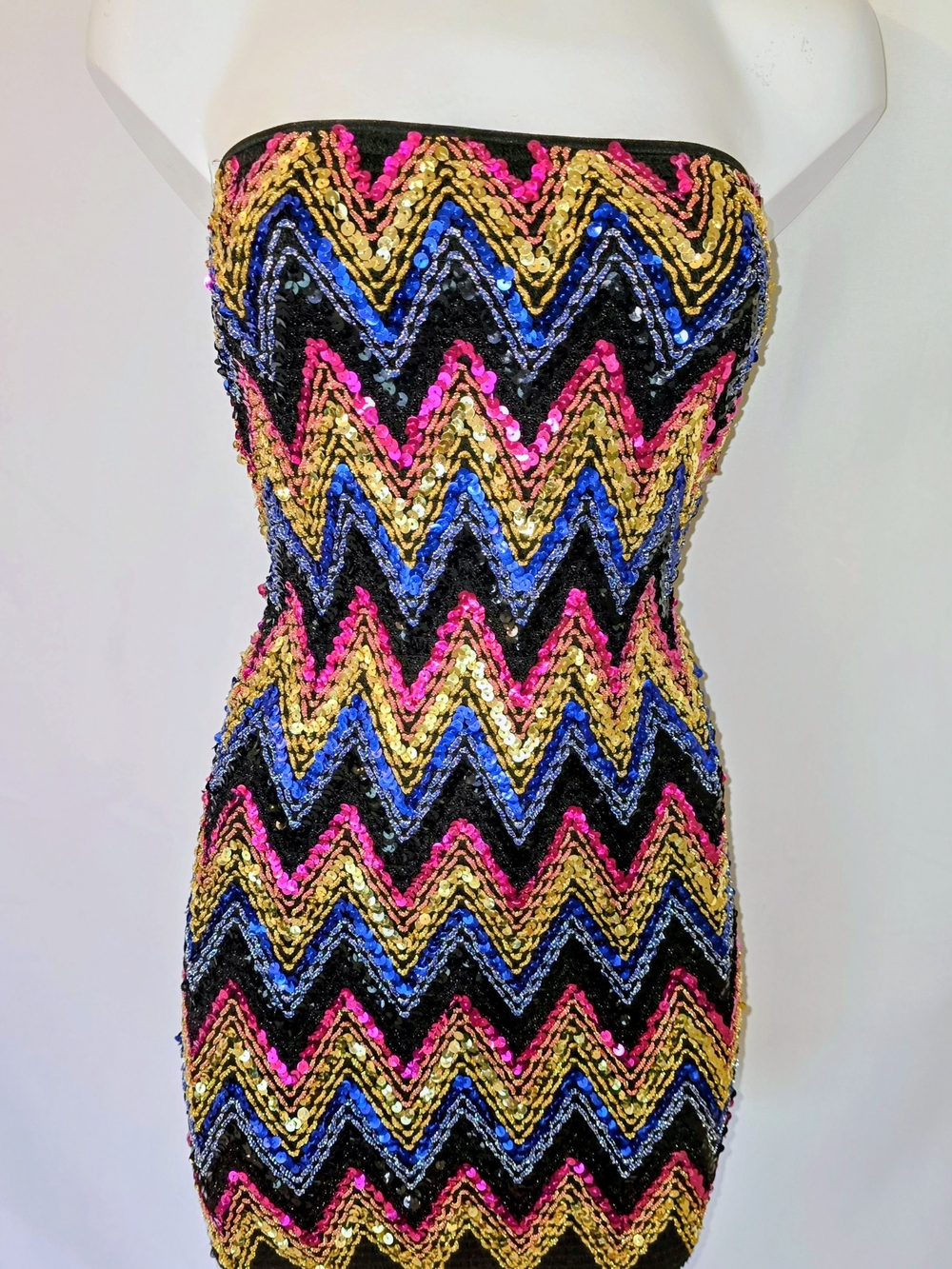 Fashion Nova Strapless Sequin Zigzag Bodycon Dress in Black, Gold, Pink & Blue